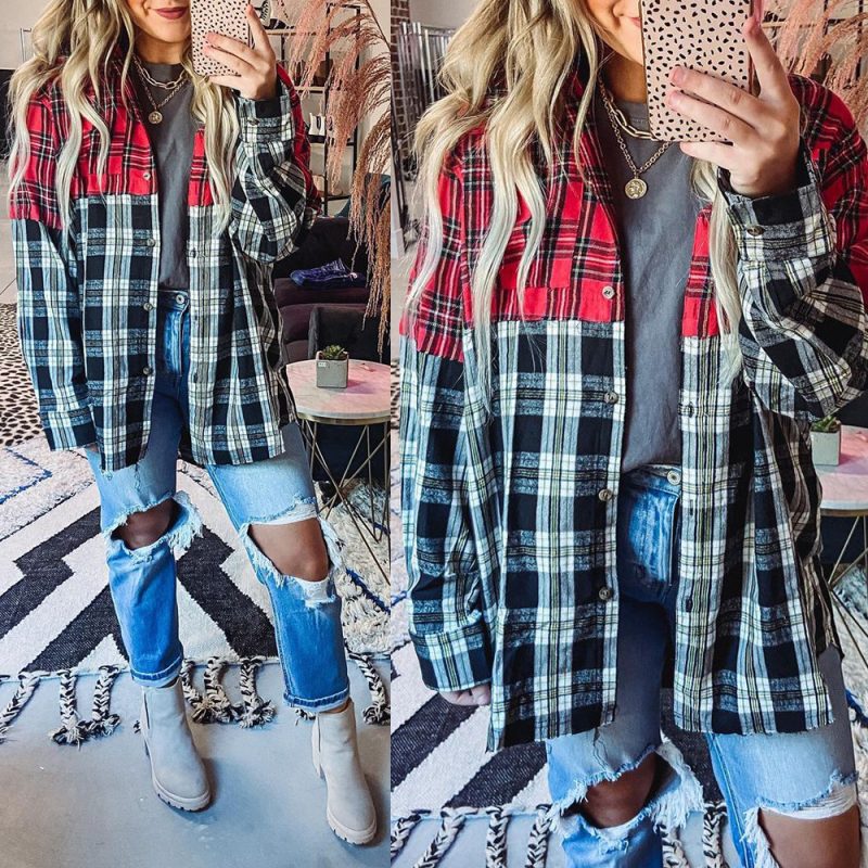 Autumn Winter Plaid Casual Shirt Stitching Printing Long Sleeve Cardigan  Women - Image 5