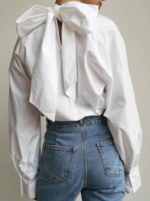 Fall Bowknot Shirt Women French Turtleneck Stand Collar Niche Women White Shirt Top