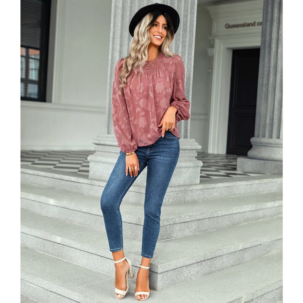 Autumn Winter Jacquard round Neck Top Women Women Clothing Loose Chiffon Shirt - Image 3