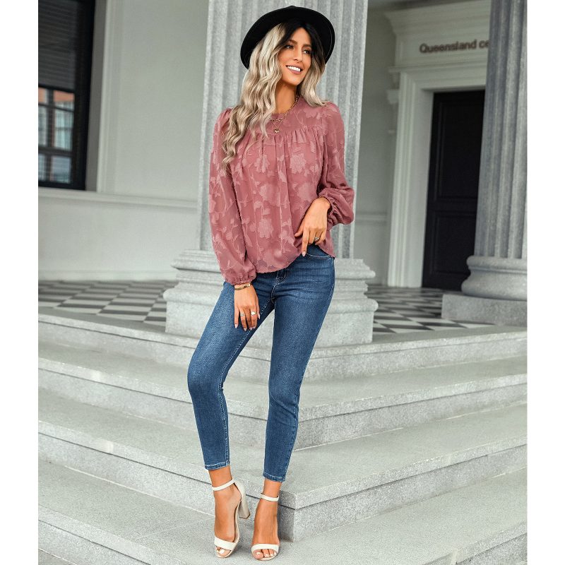 Autumn Winter Jacquard round Neck Top Women Women Clothing Loose Chiffon Shirt - Image 3