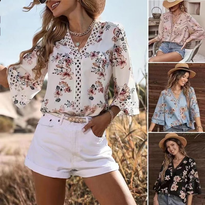 Southeast Asia Summer Loose V neck Office Bell Sleeve Lace Blouse Women Shirt - Image 4