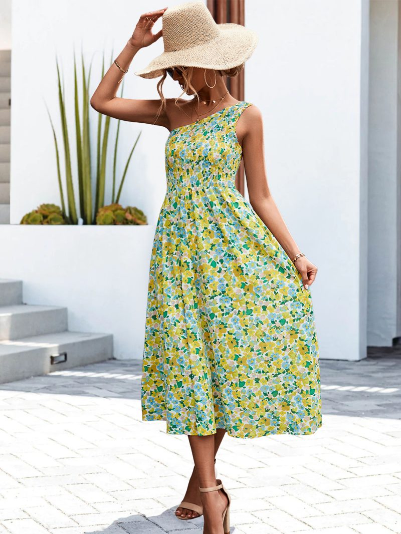 Spring Summer Sexy Oblique Shoulder Smocking Floral Print Dress for Women - Image 2
