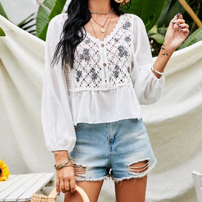 Summer Crochet Embroidery Embroidered Little Daisy Chiffon Shirt Cardigan - Image 2