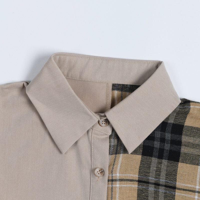 Plaid Stitching Faux Two Piece Single Breasted Long Sleeve Shirt Women Irregular Asymmetric Single Shoulder Suspender Shirt Spring - Image 4
