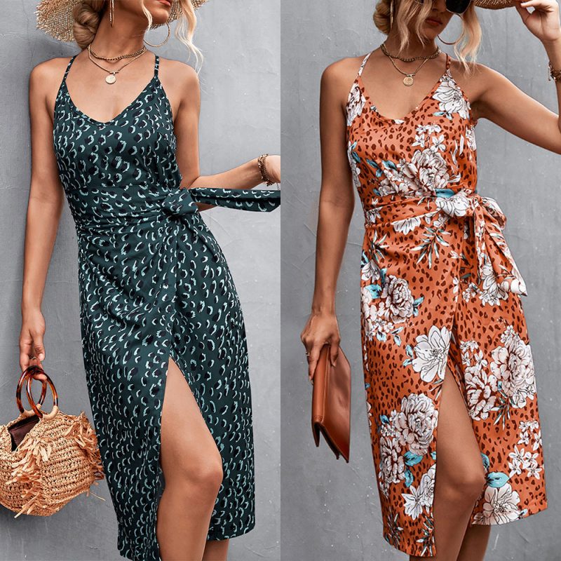 Spring Summer Sexy V-neck Brace Lace-up Split Dress for Women - Image 5