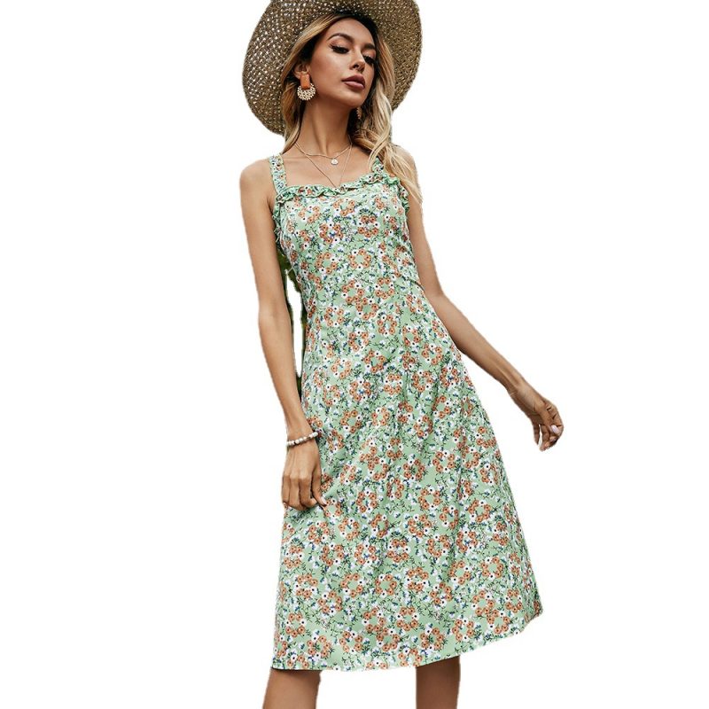 Summer Women Clothing Elegant Wooden Ear Mid-Length Strap Floral Dress for Women - Image 4