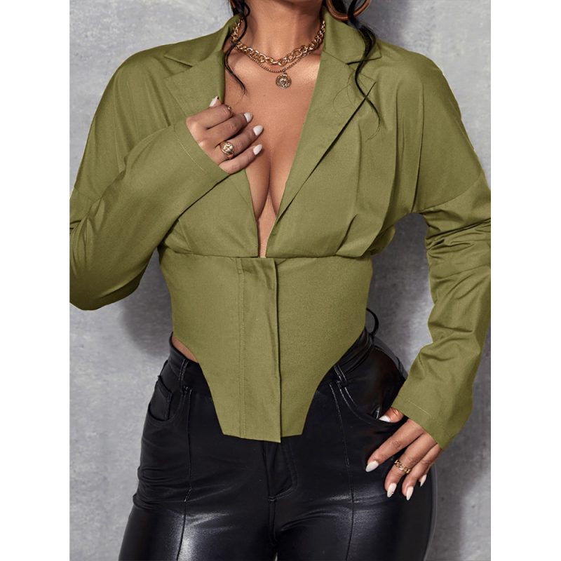 Women Long Sleeved Shirt Zipper Office Mid-Length Solid Color Cardigan Sexy Top Women Spring Summer