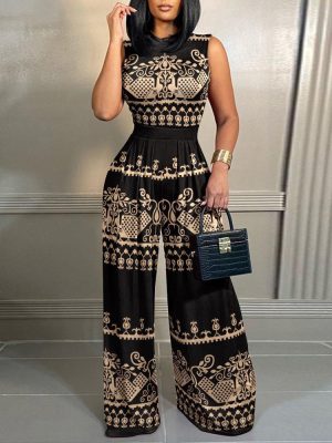 Spring Casual Trousers Slim Printed Sleeveless Women Jumpsuit