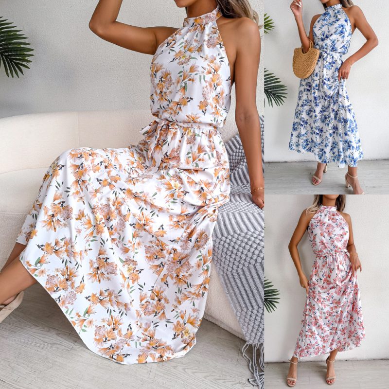 Halter Lace-up Backless Floral Dress Irregular Asymmetric Holiday Dress Women Clothing - Image 5