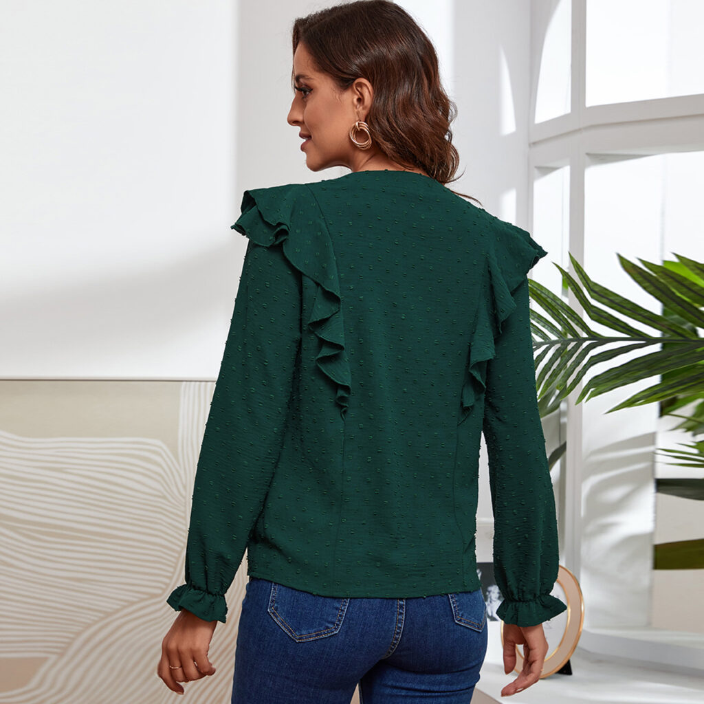 Autumn Solid Color Jacquard Ruffled V-neck Top for Women - Image 4
