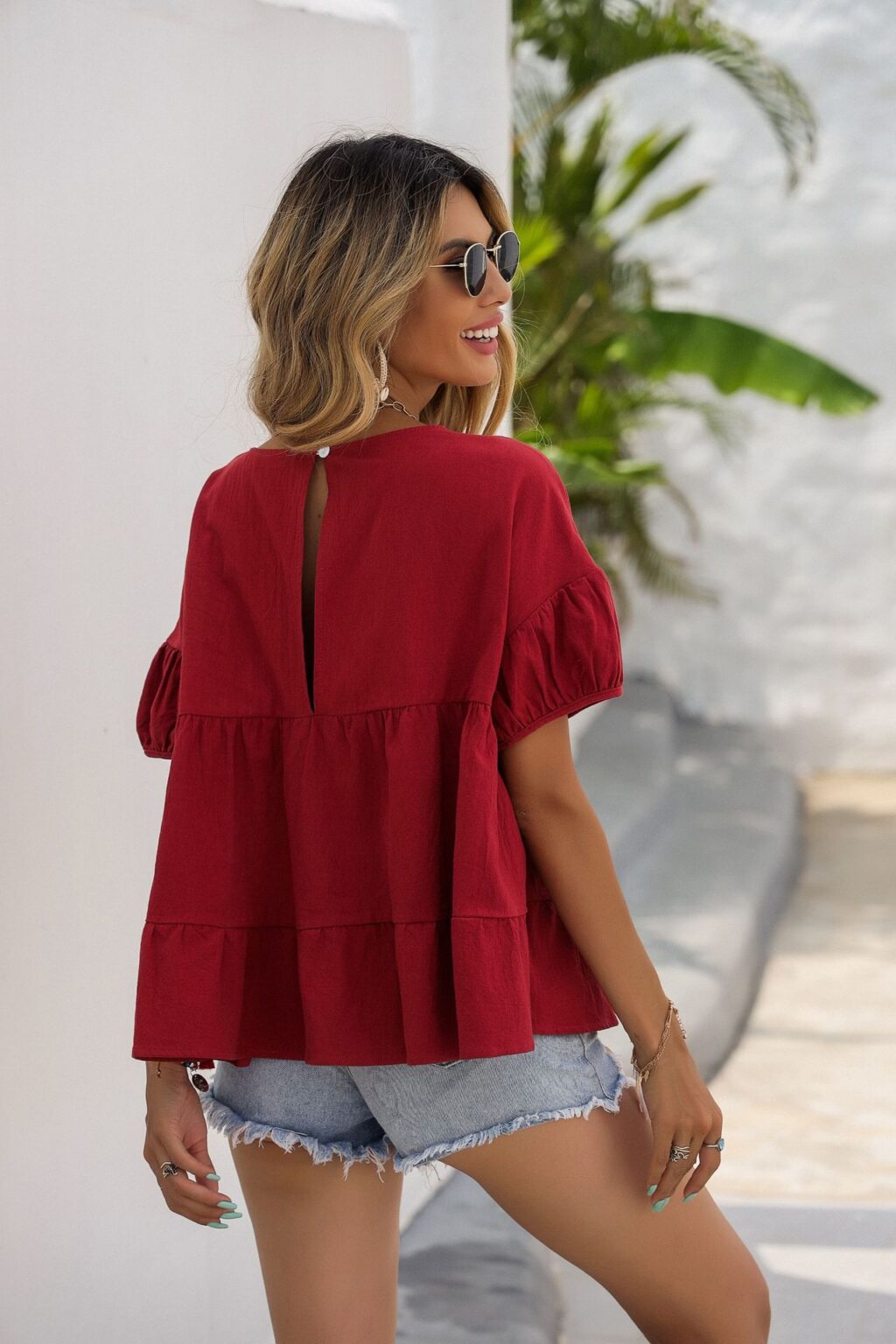 Women Shirt Summer Short Sleeve Solid Color Top - Image 5