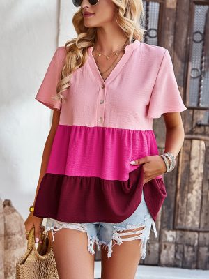 Contrast Color V neck Women Summer Loose Casual Short Sleeved Top