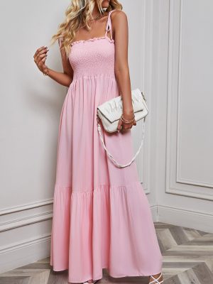 Spring Summer off the Shoulder Casual Comfortable Sling Long Tiered Dress