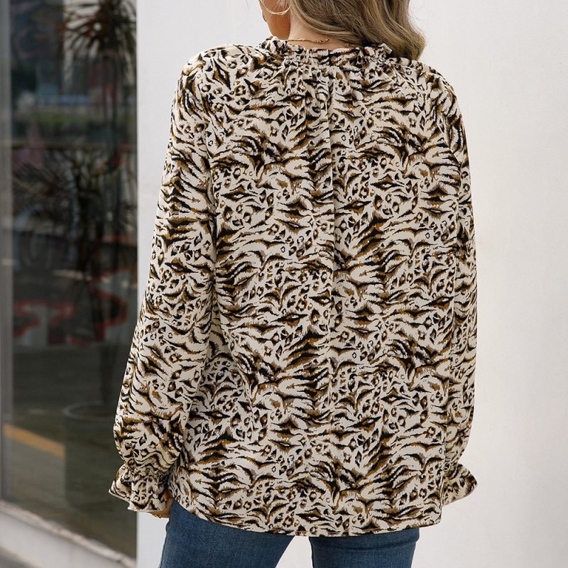 Leopard Print Long Sleeve V neck Shirt Casual Loose Small Floral Wood Ear Collar Shirt Top Women - Image 2