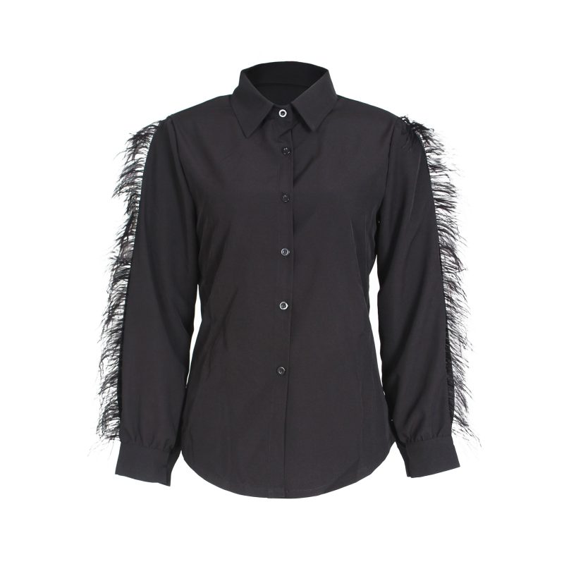 Spring Women Clothing Luxury Ostrich Feather Decorative Shirt - Image 4