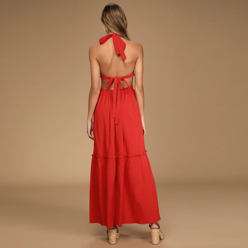 Women Clothing Summer Casual Vacation Halter Lace-up Layered Maxi Dress Tiered Dress - Image 3
