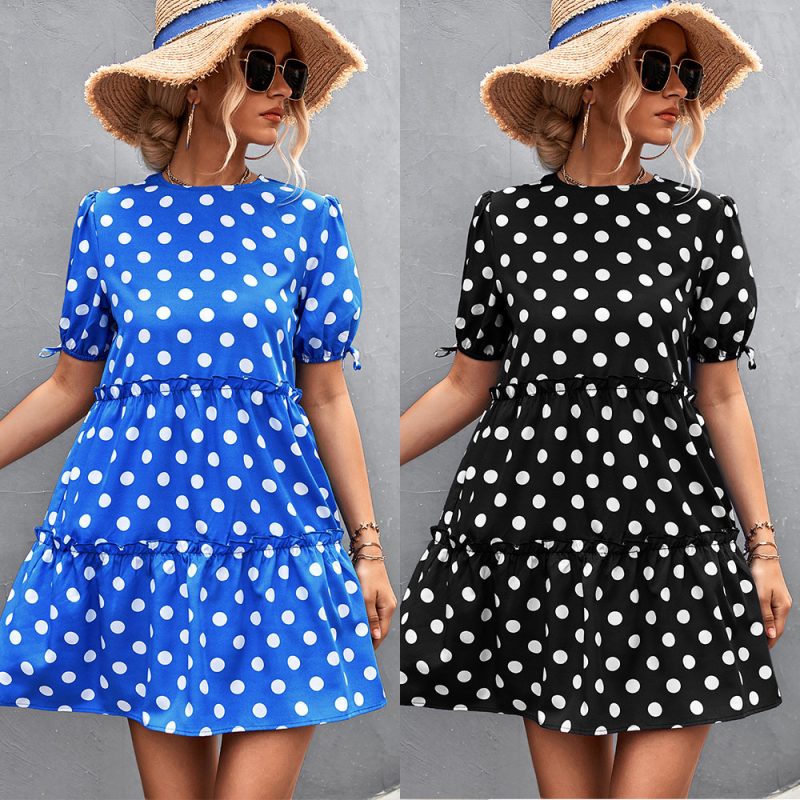 Women Clothing Spring Summer round Neck Puff Sleeve Tied Dress Short - Image 5