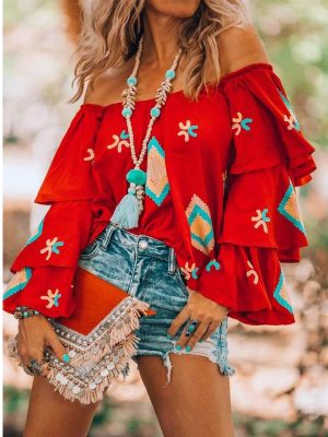 Women  Clothing Bohemian Long Sleeved Shirt Women Autumn Red Casual Women Top