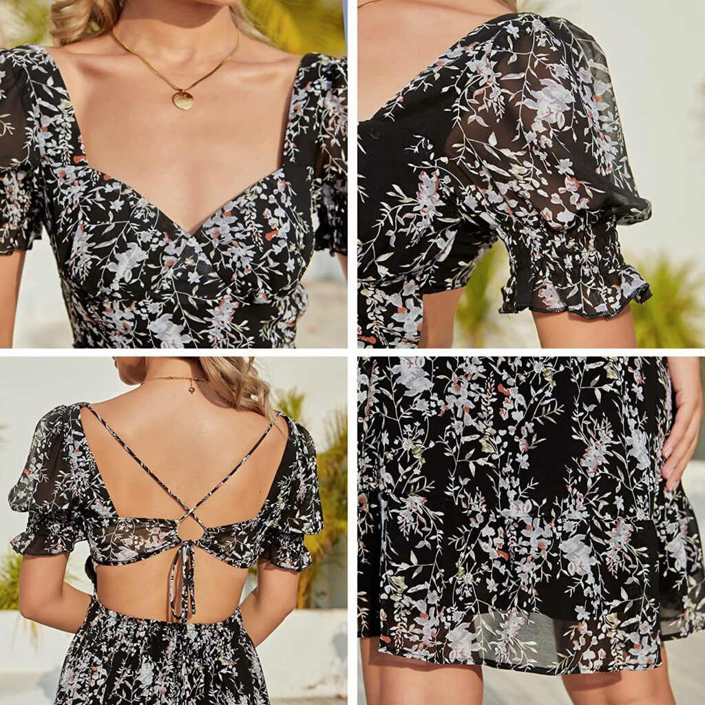 Women V-neck Puff Short Sleeve Backless A- line Back Lace-up Criss Cross Elegant Print Blouse Mini Dress - Image 3
