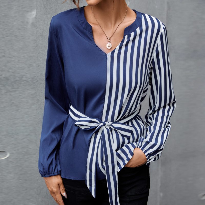 Autumn Spring New V-neck Elegant Stitching Color Block Shirt - Image 2