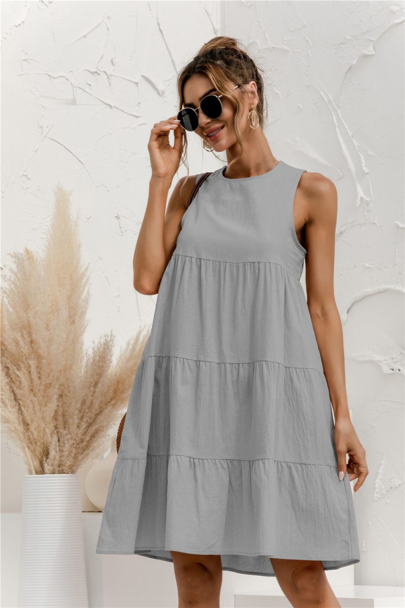 Spring Summer round Neck Sleeveless Stitching Loose Big Hem Vest Dress - Image 2