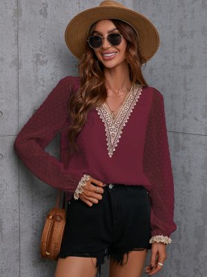 Women Clothing Autumn Chiffon Solid Color Stitching Lace Long Sleeve Shirt Office Top