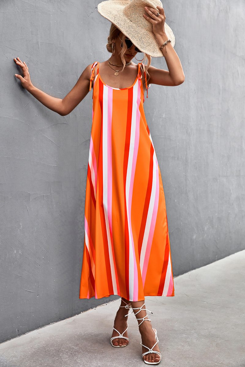 Spring Summer Sexy Backless Contrast Color Striped Spaghetti Straps Dress - Image 2