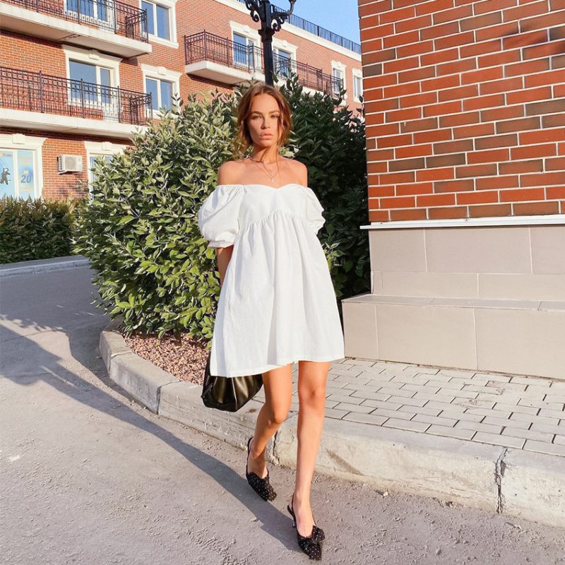 Summer Loose V-neck French Short  Pure Cotton Solid Color Dress Puff Sleeve - Image 3