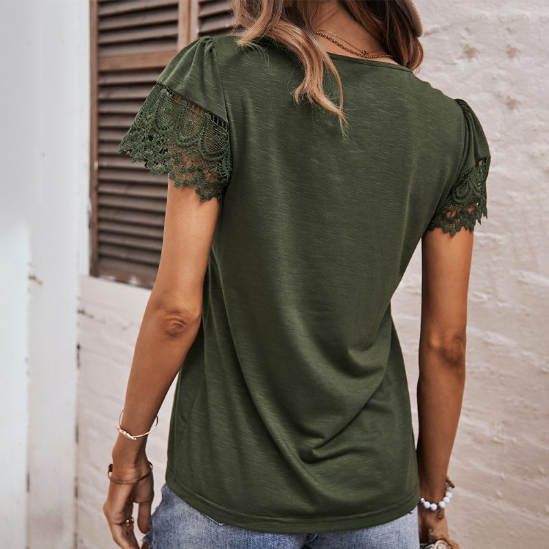 Casual French Square Collar Top Summer Short Sleeve Lace Stitching Women Clothing - Image 4