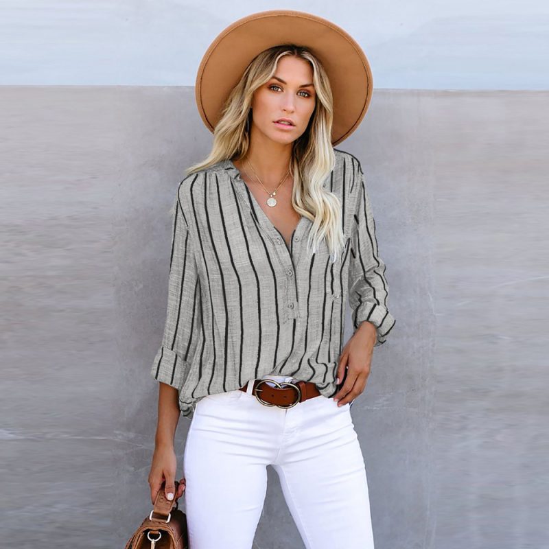 Autumn Women Striped Shirt Loose Single-Breasted Long Sleeve Top - Image 4