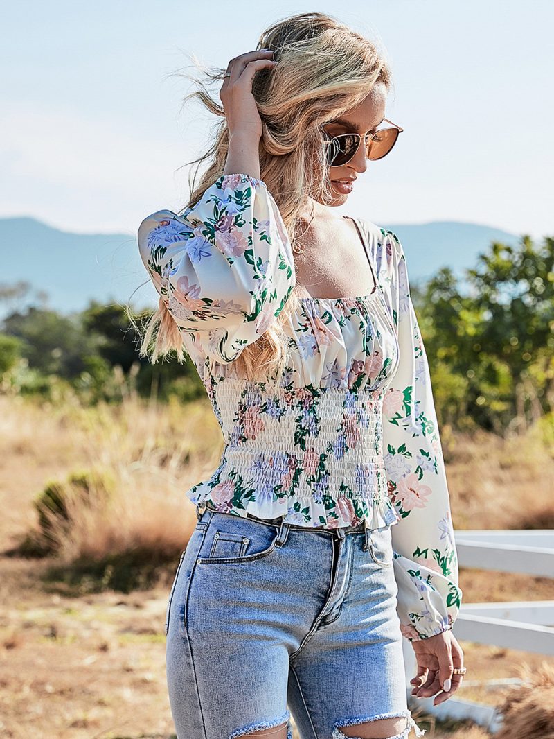 Women Clothing Spring Autumn Print Short Tight Long Sleeve Square-Neck Top - Image 2