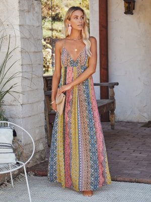 V neck Sexy Backless Spaghetti Strap Floral Print Swing Summer Dress