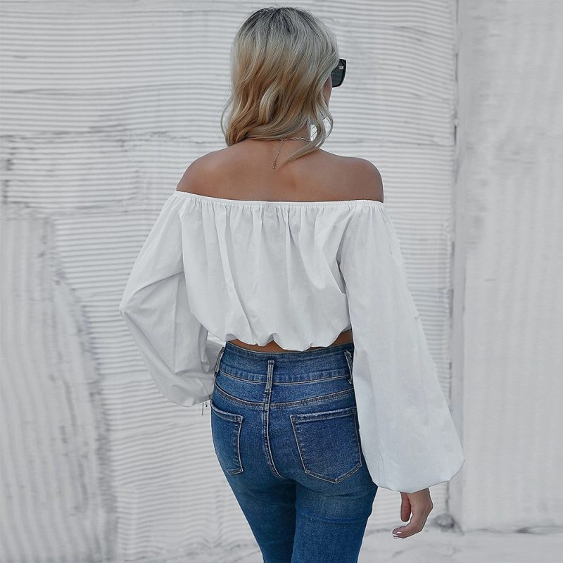 Spring Summer New Women Clothing White Lantern Sleeve Office Pullover Solid Color Sexy off-Neck Long Sleeve - Image 4