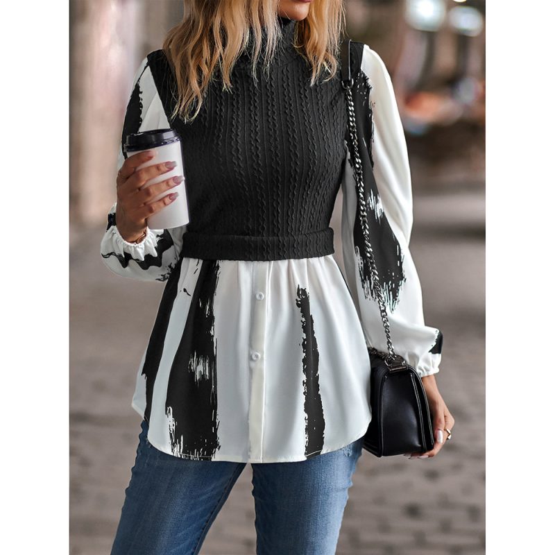 Women Round Neck Patchwork Top Spring Long Sleeve Shirt Women - Image 3