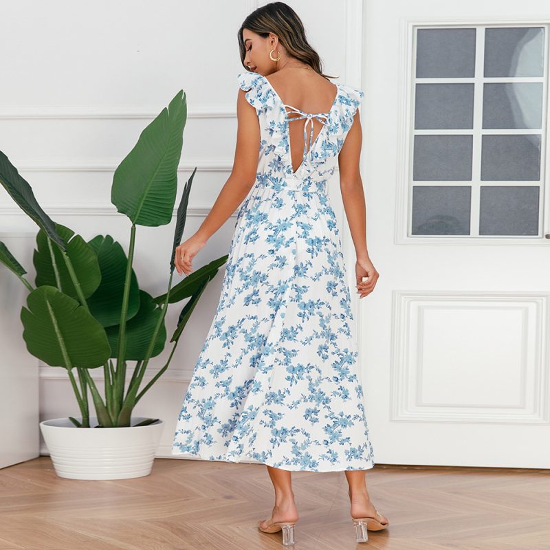 Women Clothing Sexy V neck Floral Pleated Summer Chiffon Maxi Dress - Image 3