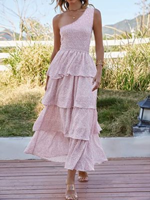 Summer One Shoulder Floral Flounce Layered Maxi Dress Pleated Boho Chiffon Dress