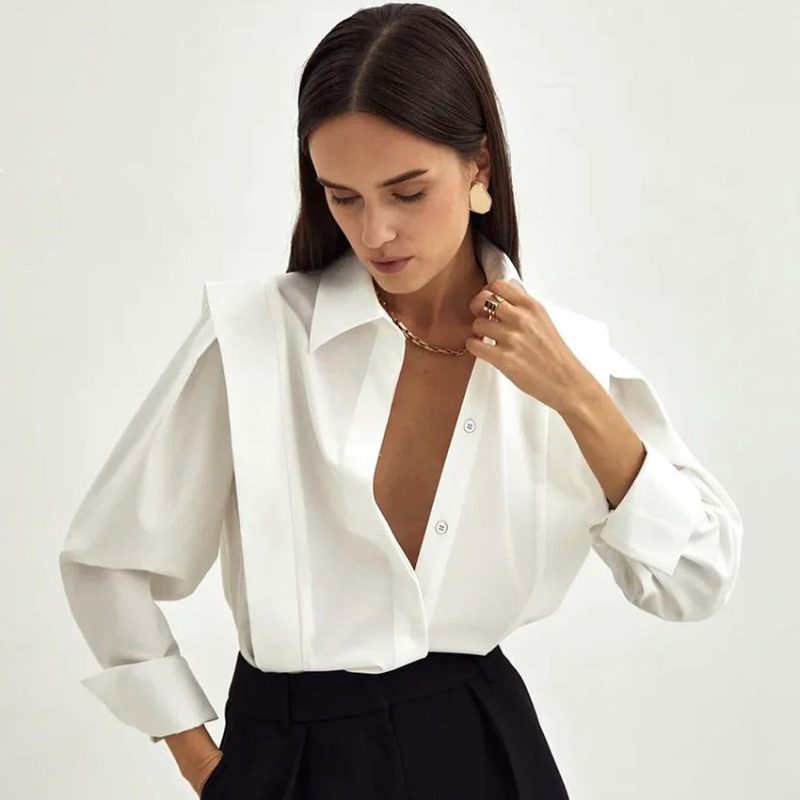 Spring New Right Angle Shoulder White Shirt Women Office Dignified Sense of Design Niche Long Sleeve Shirt - Image 2