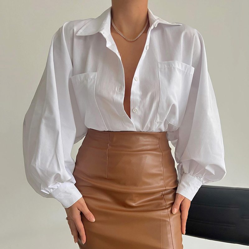 Spring Office Casual Collared Shirt Women  Pocket Batwing Sleeve Cardigan Long Sleeve Top - Image 3