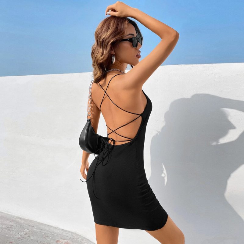 Spring Summer Women Clothing Sexy Backless Lace Up Slim Knit Sleeveless Sheath Dress - Image 4