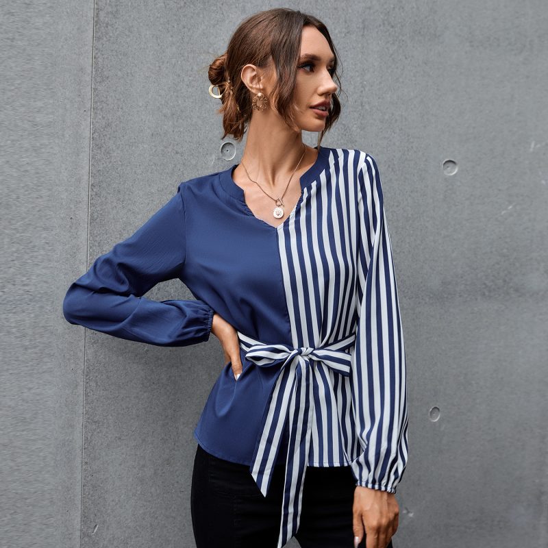 Autumn Spring New V-neck Elegant Stitching Color Block Shirt
