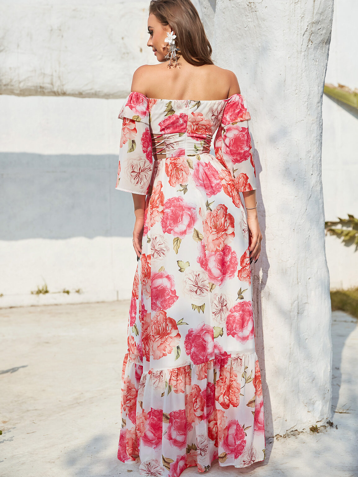 Long Sleeve Hollow Out Cutout out Drawstring Large Print Holiday Dress - Image 5