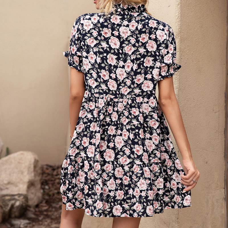Women Clothing Summer Women Clothing Floral Print Stringy Short Sleeve Dress - Image 3
