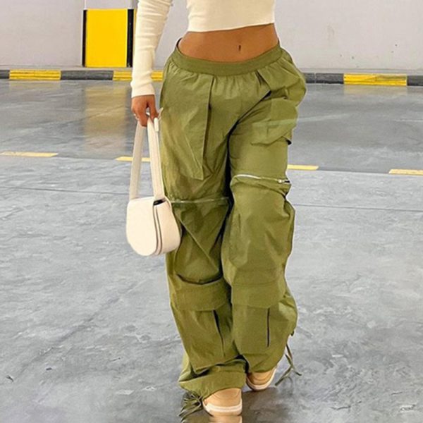 Street Large Loose Pockets Zipper Woven Pants Elastic Waist Drawstring Pants Foot Workwear Casual Trousers - Image 3