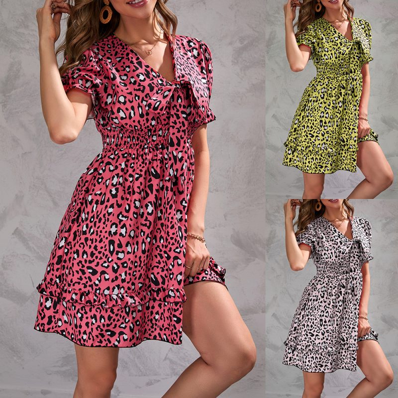 Women Clothing Summer Leopard Print Short Sleeve Dress Tiered Dress - Image 5