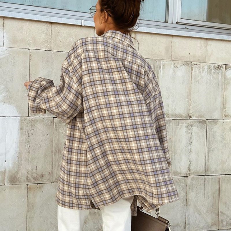 Spring Retro Khaki Plaid Shirt Women  Office Oversize Long Sleeve Inner Wear Shirt Top - Image 3