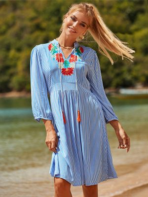 Rayon Blue White Striped Embroidered Beach Cover-up Seaside Vacation Sun Protection Clothing Beach Cover Up