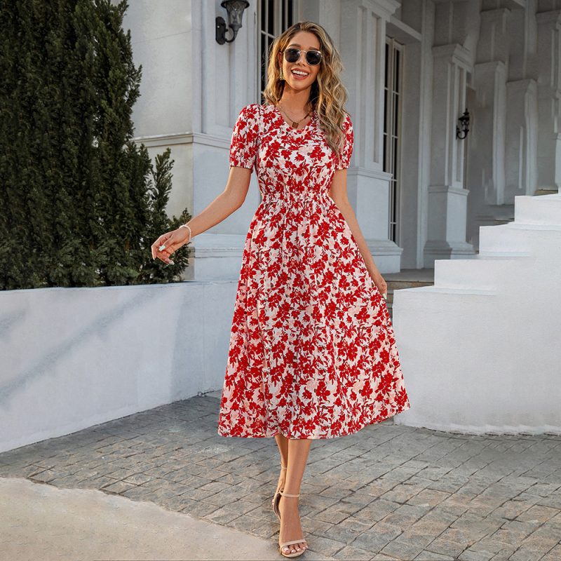Spring Summer New Casual Long Lace-up Cropped Outfit Short Sleeve Printed Dress - Image 2