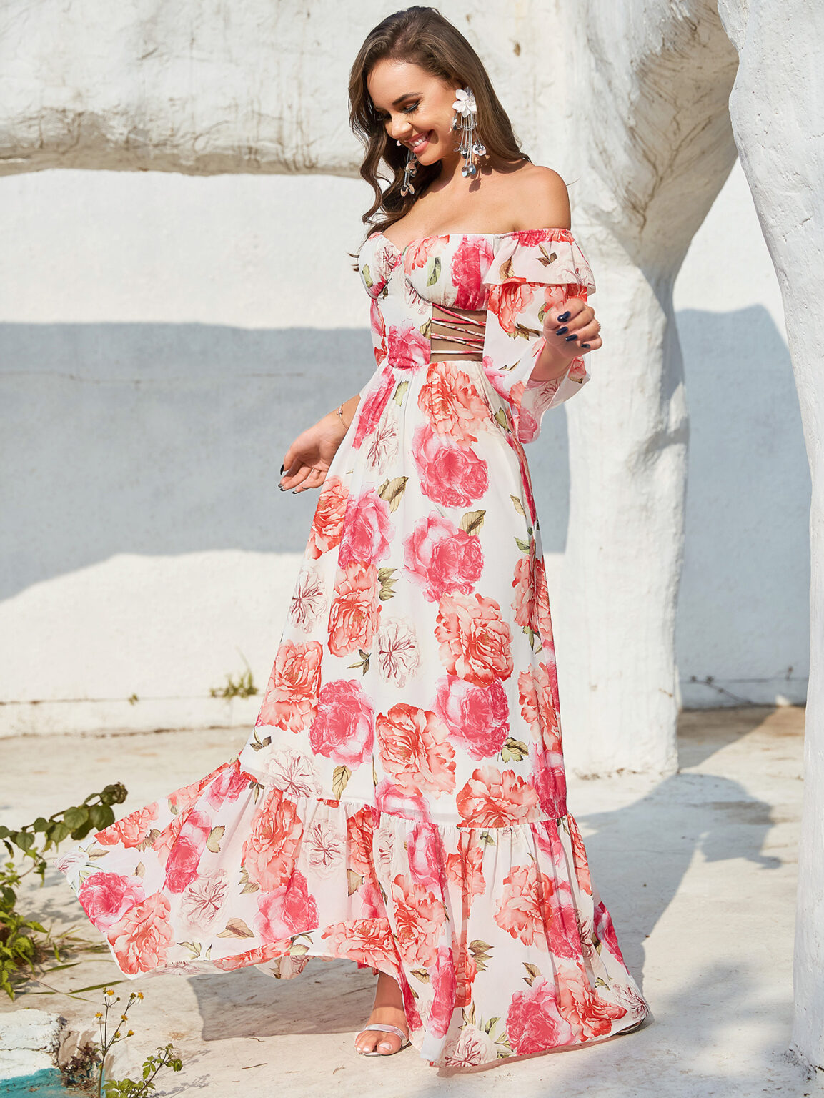 Long Sleeve Hollow Out Cutout out Drawstring Large Print Holiday Dress - Image 2