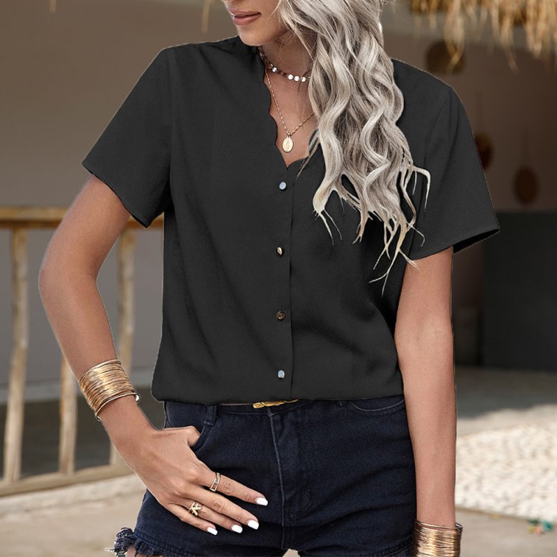 Women Clothing Shirt V Neck Solid Color Single Breasted Women Casual T Shirt Top Women - Image 2