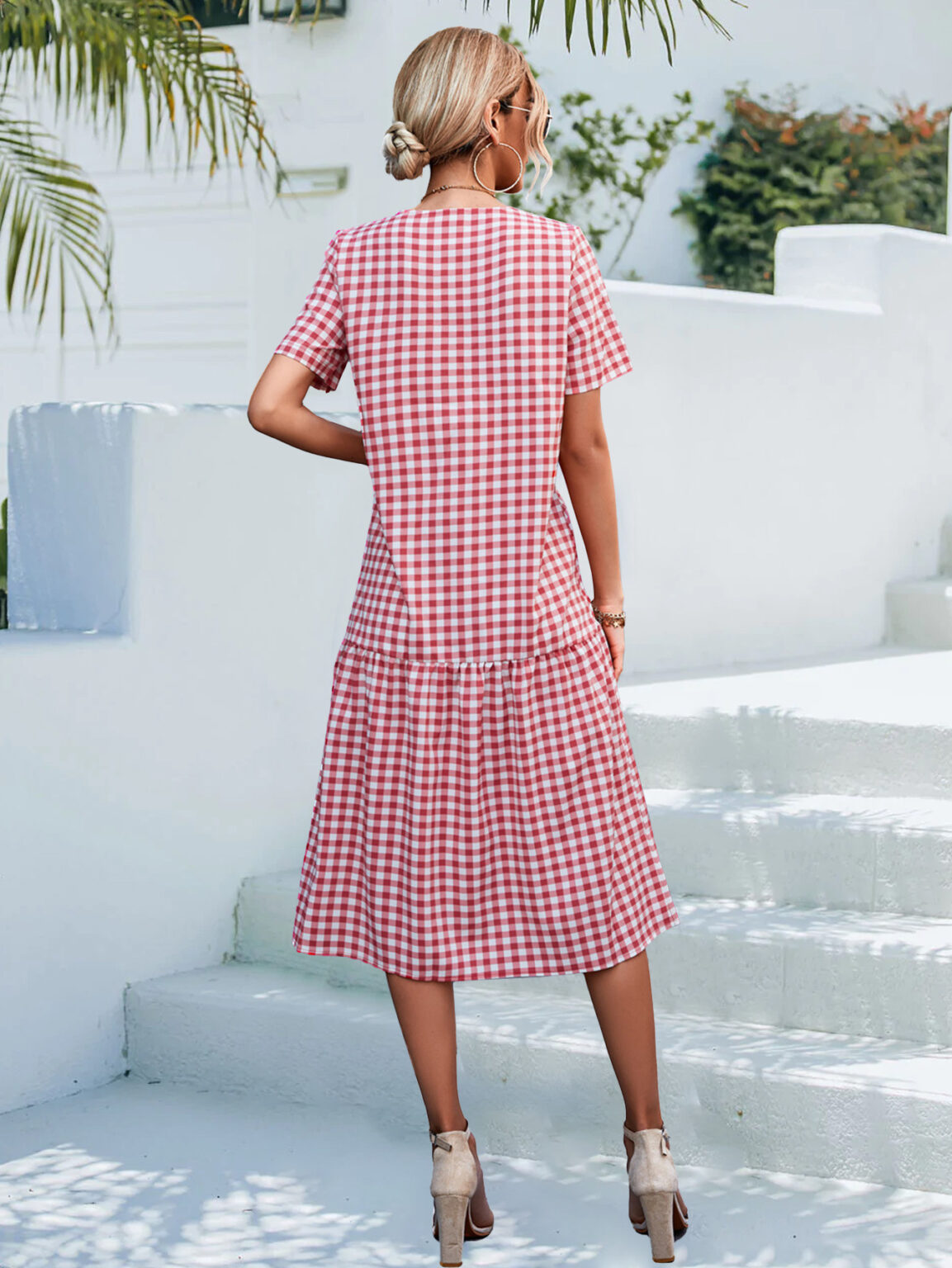 Spring Summer Popular Sexy V neck Short Sleeve Pleated Plaid Maxi Dress - Image 2